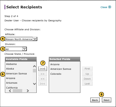 Select dealer users by geography, step 2 of 4.